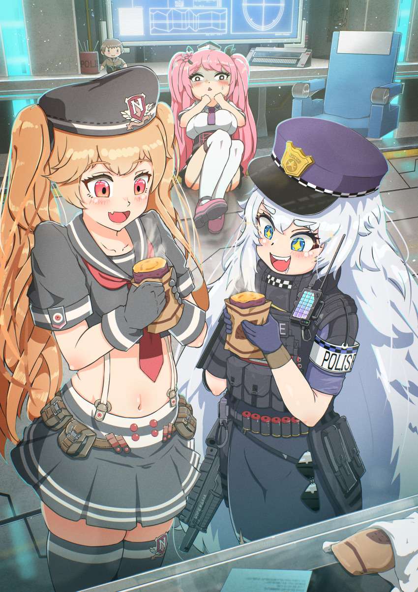 +_+ 3girls :d a.c.p.u._(nikke) absurdres ammunition_belt bandolier belt beret black_gloves black_ribbon black_sailor_collar black_shirt black_skirt black_thighhighs blue_eyes blue_gloves blue_shirt blush breasts brown_hair bulletproof_vest chair character_doll collarbone commander_(nikke) commentary_request cropped_shirt dashiziruangeal doll eating fang flower fluffy_hair food full_body garter_straps gloves goddess_of_victory:_nikke gun hair_between_eyes hair_flower hair_ornament hair_ribbon hat highres holding holding_food indoors large_breasts long_hair midriff miranda_(nikke) monitor multiple_girls navel neckerchief necktie open_mouth pink_hair pleated_skirt poli_(nikke) police police_hat police_uniform policewoman purple_necktie quiry_(nikke) red_eyes red_neckerchief ribbon roasted_sweet_potato sailor_collar saliva shadow shirt short_sleeves sidelocks sitting skin_fang skindentation skirt small_breasts smile sparkle sparkling_eyes standing sunglasses suspender_skirt suspenders sweatdrop sweet_potato teeth thighhighs triangle_mouth twintails upper_teeth_only utility_belt very_long_hair walkie-talkie weapon white_hair white_shirt white_thighhighs zettai_ryouiki