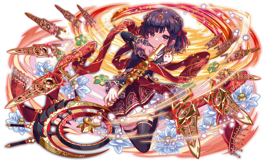 artist_request bare_shoulders black_hair black_shirt black_sleeves black_thighhighs blunt_bangs braid breasts brown_shoes cel_shading character_request closed_mouth collar collared_shirt crash_fever detached_sleeves dress_shirt earrings expressionless fingernails flower flower_ornament frilled_sleeves frills full_body game_cg gold_earrings hair_ornament hair_ribbon holding holding_staff jewelry knife light_particles loafers looking_at_viewer medium_breasts medium_hair number_print numbered official_art outline pleated_skirt red_eyes red_outline red_ribbon red_skirt ribbon see-through_skirt_layer see-through_sleeve_layer shirt shoes sidelocks skirt solo square square_print staff tachi-e teeth thighhighs third-party_source throwing_knife transparent_background two_side_up weapon white_collar white_flower white_ribbon