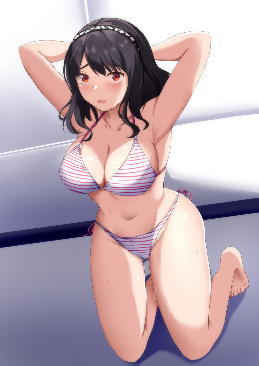 1girl absurdres ahim_de_famille arms_behind_head barefoot bikini black_hair breasts cleavage commission full_body hairband highres kaizoku_sentai_gokaiger kneeling large_breasts medium_breasts pandacross pixiv_commission red_eyes solo striped_bikini striped_clothes super_sentai swimsuit