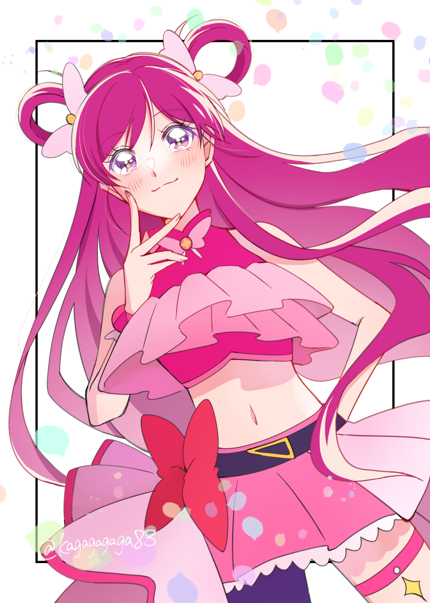 1girl absurdres belt black_belt black_thighhighs blush brooch closed_mouth cosplay crop_top cure_butterfly cure_butterfly_(cosplay) cure_dream hair_ribbon hair_rings highres hirogaru_sky!_precure jewelry kagagagaga83 long_hair magical_girl midriff navel pink_eyes pink_hair pink_ribbon pink_shirt pink_skirt precure ribbon shirt single_thighhigh skirt solo thighhighs twitter_username wing_brooch wrist_cuffs yes!_precure_5 yumehara_nozomi