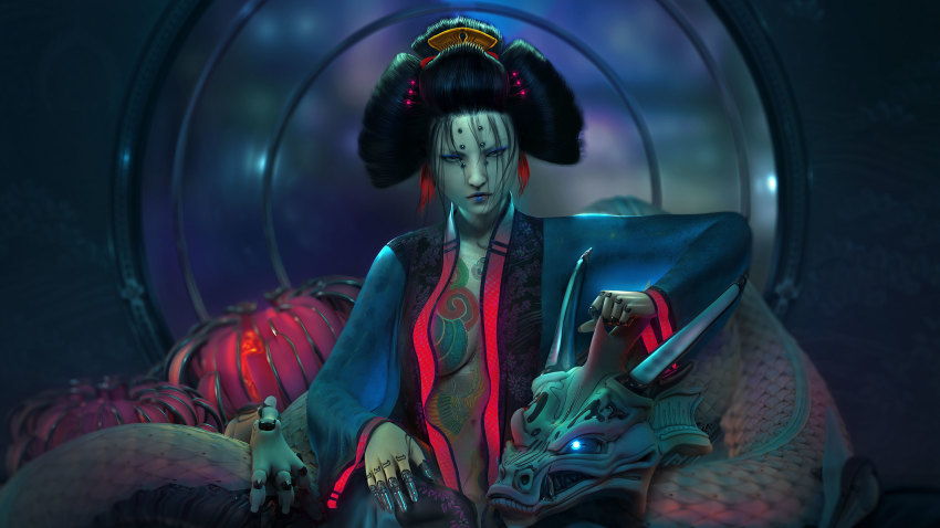 1girl blue_lips breast_tattoo breasts colored_skin comb cyberpunk cyborg dark dragon dragon_girl dragon_tail eyeliner eyeshadow female_focus geisha glowing glowing_eyes green_eyes green_skin hair_ornament highres irezumi japanese_clothes joints kimono large_breasts lipstick long_sleeves looking_at_viewer makeup mechabare monster_girl multicolored_hair narrowed_eyes navel nihongami no_bra non-humanoid_robot nose open_clothes open_kimono original piercing realistic reclining red_hair robot robot_dragon robot_joints serious short_hair solo stomach_tattoo streaked_hair tail tattoo updo wen_jr yakuza