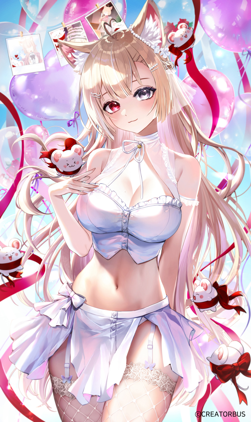1girl :3 absurdres ahoge animal_ears balloon bare_shoulders black_eyes blonde_hair breasts buttons cat_ears choker cleavage closed_mouth commentary_request cowboy_shot crop_top fishnet_thighhighs fishnets frilled_shirt frills garter_straps hand_up heart heart_ahoge heart_balloon heterochromia hibiwa highres korean_commentary large_breasts lee_jooin long_hair looking_at_viewer midriff miniskirt navel panties panty_peek pelvic_curtain red_eyes shirt skirt sleeveless sleeveless_shirt smile solo standing stomach thighhighs thighs underwear v-lup very_long_hair virtual_youtuber white_choker white_panties white_shirt white_skirt
