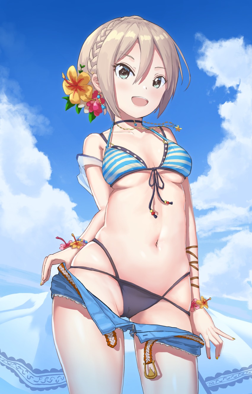 1girl :d absurdres bikini bikini_top_only black_bikini blue_eyes blue_sky bracelet braid breasts cleavage clothes_pull cloud cola cowboy_shot crown_braid day earrings female_focus flower from_below front-tie_bikini_top front-tie_top hair_between_eyes hair_flower hair_ornament hibiscus highres idolmaster idolmaster_cinderella_girls jewelry juu_p looking_at_viewer medium_breasts multi-strapped_bikini navel open_clothes open_mouth open_shorts outdoors polka_dot polka_dot_bikini polka_dot_bikini_top pulling_own_clothes shiomi_syuko short_hair short_shorts shorts shorts_pull silver_hair skindentation sky smile solo standing striped_bikini striped_bikini_top striped_clothes swimsuit underboob white_polka_dots white_shorts yellow_flower