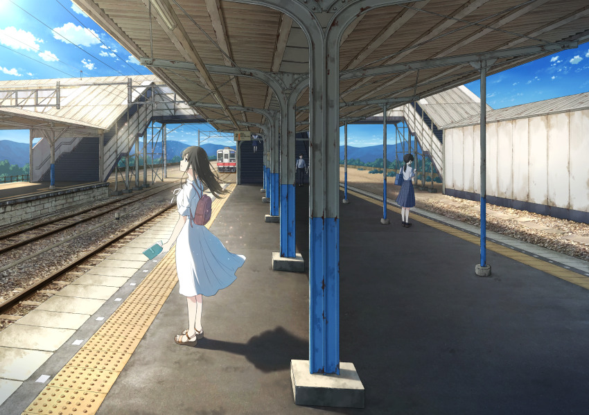 1girl anyotete backpack bag black_eyes blue_sky book brown_hair cloud commentary_request day dress from_side full_body gravel highres holding holding_book looking_ahead multiple_unit_train open_book original outdoors overhead_line people railroad_tracks sandals shadow short_sleeves sky solo_focus stairs tactile_paving train train_station train_station_platform white_dress