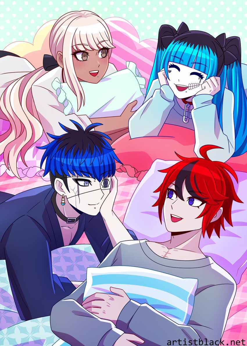 2boys 2girls alternate_costume amemiya_darumi artist_black bed black_bow black_collar black_hair blonde_hair blue_eyes blue_hair bow brown_eyes closed_eyes collar dark-skinned_female dark_skin earrings eyepatch face_piercing heart highres holding holding_pillow jewelry kawana_tsubasa lip_piercing looking_at_another multicolored_hair multiple_boys multiple_girls omokage_yugamu pajamas piercing pillow ponytail red_collar red_hair safety_pin scar sumino_takumi the_hundred_line_-last_defense_academy- twintails yaoi yuri