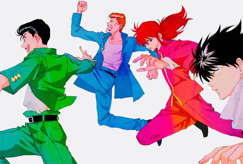 0mimi3 4boys belt black_eyes black_footwear black_hair blue_jacket blue_pants feet_out_of_frame foreshortening green_jacket green_pants hiei highres jacket kurama_(yu_yu_hakusho) kuwabara_kazuma long_hair long_sleeves male_focus multiple_boys open_mouth pants pompadour ponytail profile red_hair red_jacket red_pants shirt shirt_tucked_in shoes short_hair smile teeth urameshi_yuusuke white_shirt yuu_yuu_hakusho