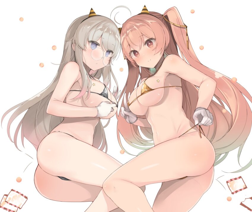 ahoge bikini blue_eyes brown_eyes brown_hair commentary_request cone_horns feet_out_of_frame glasses gloves gold_bikini grey_hair heywood_l._edwards_(kancolle) highres horns johnston_(kancolle) kantai_collection long_hair micro_bikini shin_(new) side-tie_bikini_bottom silver_bikini simple_background swimsuit two_side_up white_background white_gloves