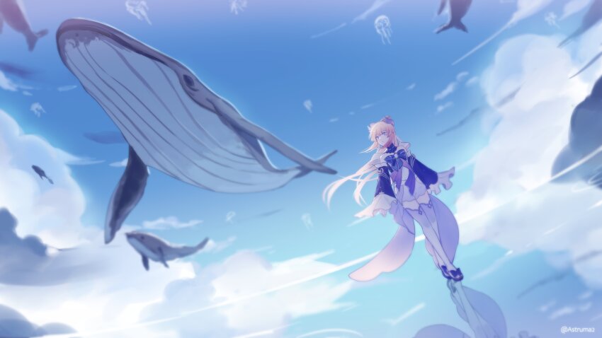 1girl absurdres artist_name astruma2 bare_shoulders blue_bow blue_collar blue_eyes blue_sleeves blue_thighhighs bow bow-shaped_hair chest_bow collar commentary detached_collar detached_sleeves dress frills genshin_impact hashtag-only_commentary highres jellyfish long_hair long_sleeves looking_up pink_hair ponytail sangonomiya_kokomi solo thighhighs very_long_hair whale white_dress wide_sleeves