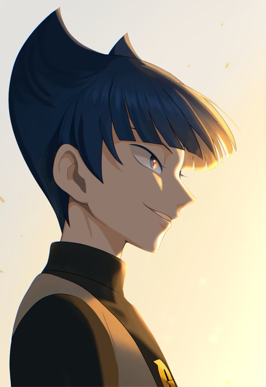 1boy black_shirt blue_eyes blue_hair from_side grey_vest grin highres logo male_focus nakikot_t nintendo outdoors pokemon pokemon_dppt saturn_(pokemon) shirt short_hair smile solo team_galactic team_galactic_uniform teeth upper_body vest