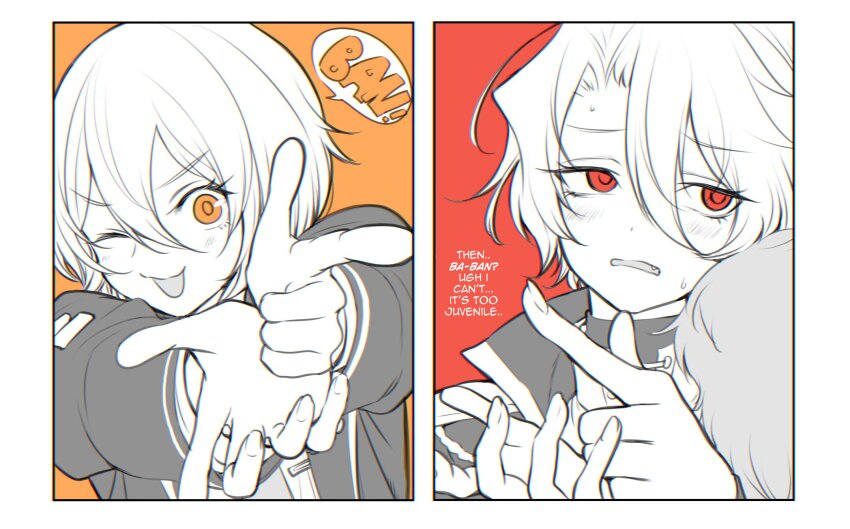 2girls bang_(gesture) blush don_quixote_(project_moon) dual_persona embarrassed english_text fang feather_boa finger_gun highres limbus_company maki_maki_(makimakipoipoi) multiple_girls one_eye_closed open_mouth orange_eyes partially_colored project_moon red_eyes sancho_(project_moon) smile