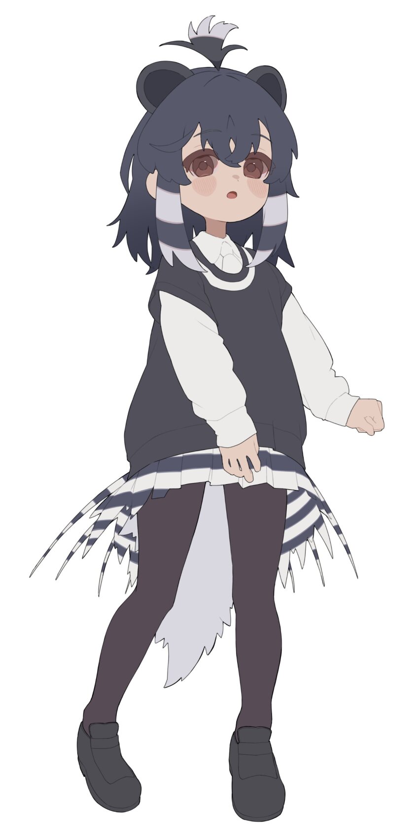 1girl absurdres black_hair black_pantyhose black_shoes black_skirt black_sweater blush brown_eyes collared_shirt crested_porcupine_(kemono_friends) extra_ears full_body hair_between_eyes highres kemono_friends loafers long_sleeves masaratta multicolored_hair necktie pantyhose pleated_skirt porcupine_ears porcupine_girl shirt shoes short_hair short_sleeves sidelocks skirt solo sweater two-tone_hair two-tone_skirt white_hair white_necktie white_shirt white_skirt