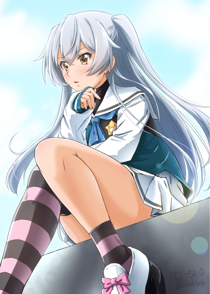 1girl blush diesel-turbo earrings grisaia_(series) grisaia_phantom_trigger highres jewelry long_hair pleated_skirt school_uniform shishigaya_touka silver_hair sitting skirt solo stud_earrings two_side_up yellow_eyes