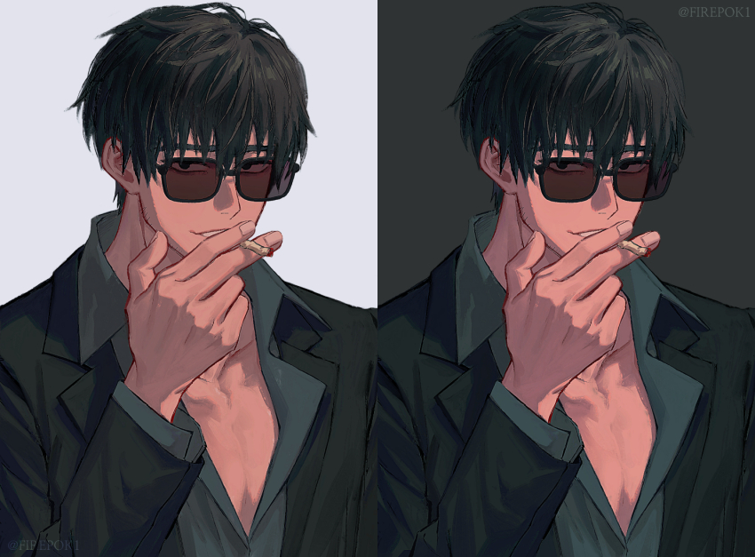 1boy @_(symbol) artist_name black_background black_hair black_jacket black_shirt cigarette dark-skinned_male dark_skin dress_shirt firepok glasses hair_between_eyes holding holding_cigarette jacket male_focus messy_hair multiple_views nicholas_d._wolfwood open_clothes open_jacket recurring_image shirt smile smoking sunglasses tinted_eyewear trigun trigun_stampede upper_body