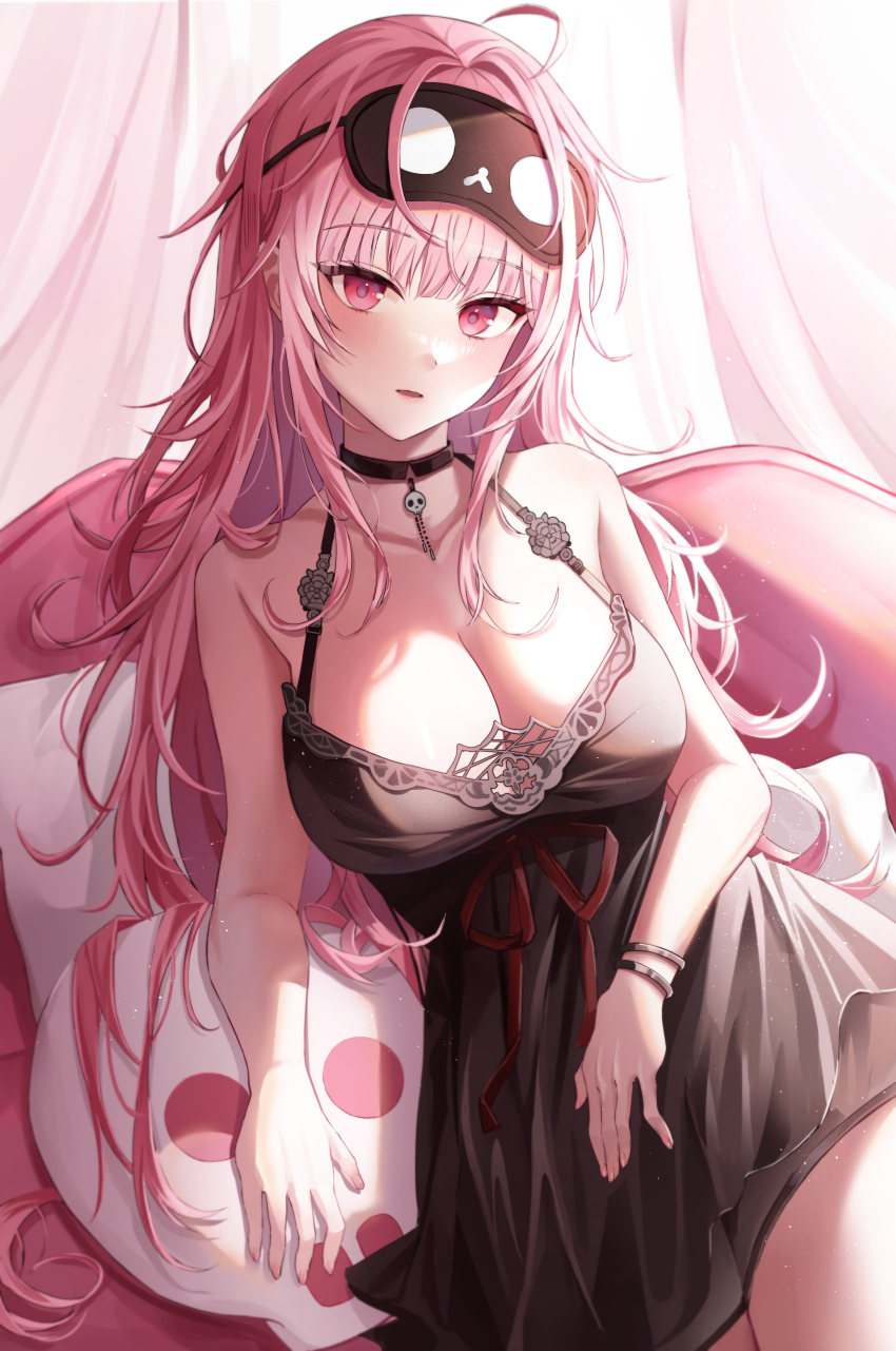 1girl absurdres black_choker black_dress blush bracelet breasts choker cleavage collarbone curtains dress highres hololive hololive_english jewelry kim_leeyoon large_breasts long_hair mask mask_on_head messy_hair mori_calliope mori_calliope_(sleepwear) nightgown official_alternate_costume parted_lips pillow pink_hair red_eyes sitting skull sleep_mask solo virtual_youtuber wavy_hair