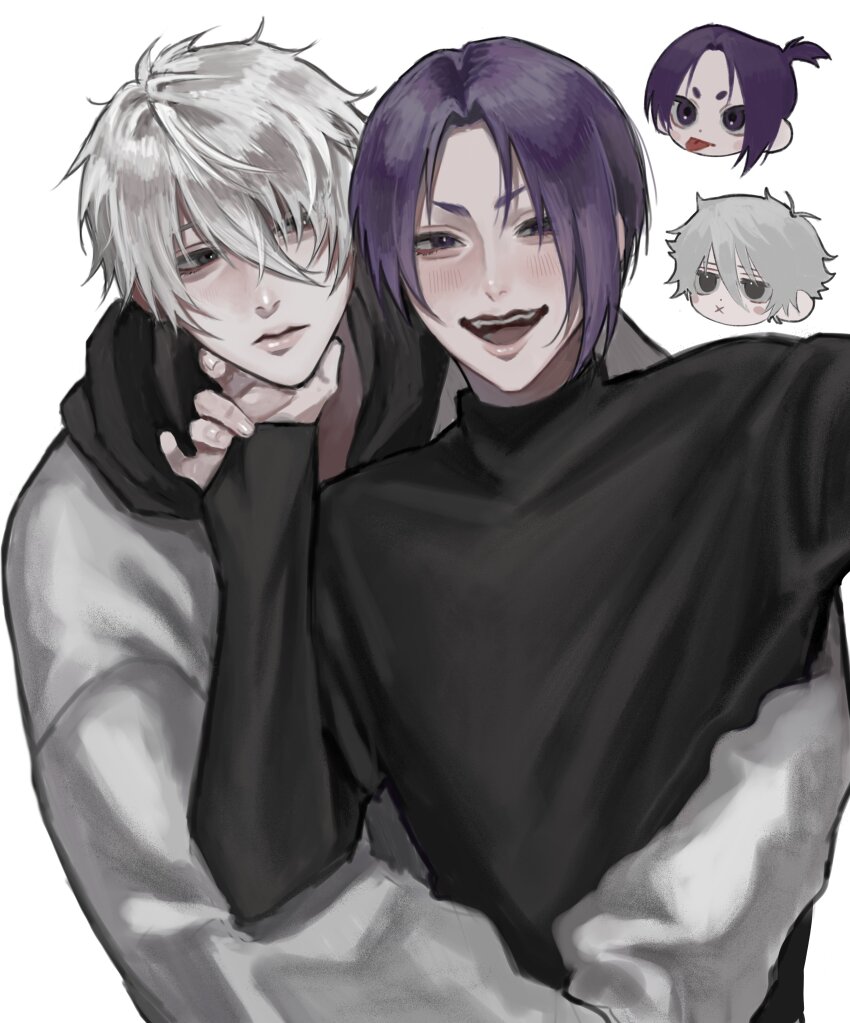 13v_xlll 2boys :p absurdres arms_around_waist black_hood black_shirt blue_lock closed_mouth grey_eyes hair_between_eyes hand_on_another&#039;s_chin highres hood hood_down jitome long_sleeves looking_at_another looking_at_viewer male_focus mikage_reo multiple_boys multiple_views nagi_seishirou open_mouth parted_hair ponytail purple_hair shirt short_ponytail simple_background teeth tongue tongue_out turtleneck upper_body upper_teeth_only white_background white_hair