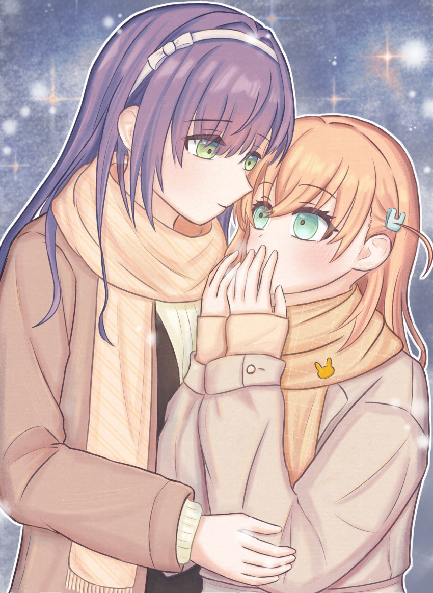2girls absurdres aqua_eyes blush breath brown_coat coat commentary_request covering_own_mouth eye_contact green_eyes hairband hand_over_own_mouth highres hikari863126 hinoshita_kaho link!_like!_love_live! long_hair long_sleeves looking_at_another love_live! medium_hair multiple_girls open_clothes open_coat orange_scarf otomune_kozue otomune_kozue_(winter_casual) outline purple_hair ribbed_sweater scarf sidelocks smile star_(sky) starry_sky_background sweater two_side_up upper_body virtual_youtuber white_hairband white_outline white_sweater yuri