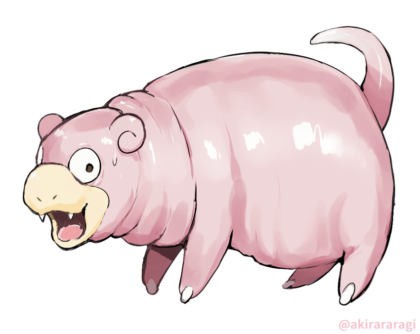 a-kiraa_(whisper) artist_name black_eyes creature creature_focus fangs gen_1_pokemon looking_at_viewer moo_deng nintendo parody pokemon pokemon_(creature) shadow simple_background slowpoke sweatdrop white_background