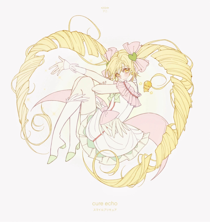 1girl blonde_hair boots character_name chinese_commentary commentary_request cure_echo dress from_side lannifubushangqiang long_hair looking_at_viewer looking_to_the_side pale_color precure precure_all_stars precure_all_stars_new_stage:_mirai_no_tomodachi procreate_(medium) sakagami_ayumi simple_background solo twintails very_long_hair white_background white_boots white_dress yellow_eyes