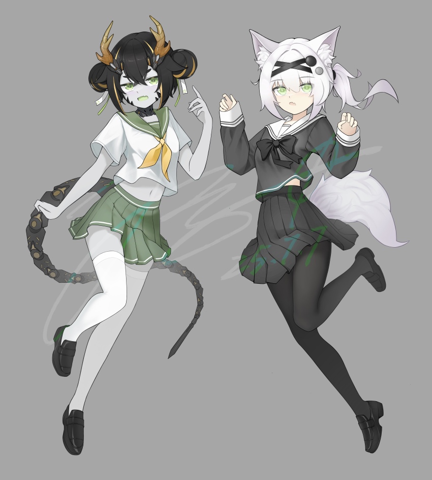 2girls absurdres animal_ear_fluff animal_ears black_bow black_bowtie black_hair black_pantyhose bow bowtie breasts bug double_bun fly flying green_eyes grey_background grey_hair hair_bun highres horns insect jerry_wang loafers long_hair midriff_peek multiple_girls navel neckerchief open_mouth original pantyhose pleated_skirt robot_girl sailor_collar school_uniform serafuku shirt_overhang shoes skindentation skirt small_breasts stomach tail thighhighs white_hair white_thighhighs yellow_neckerchief zettai_ryouiki