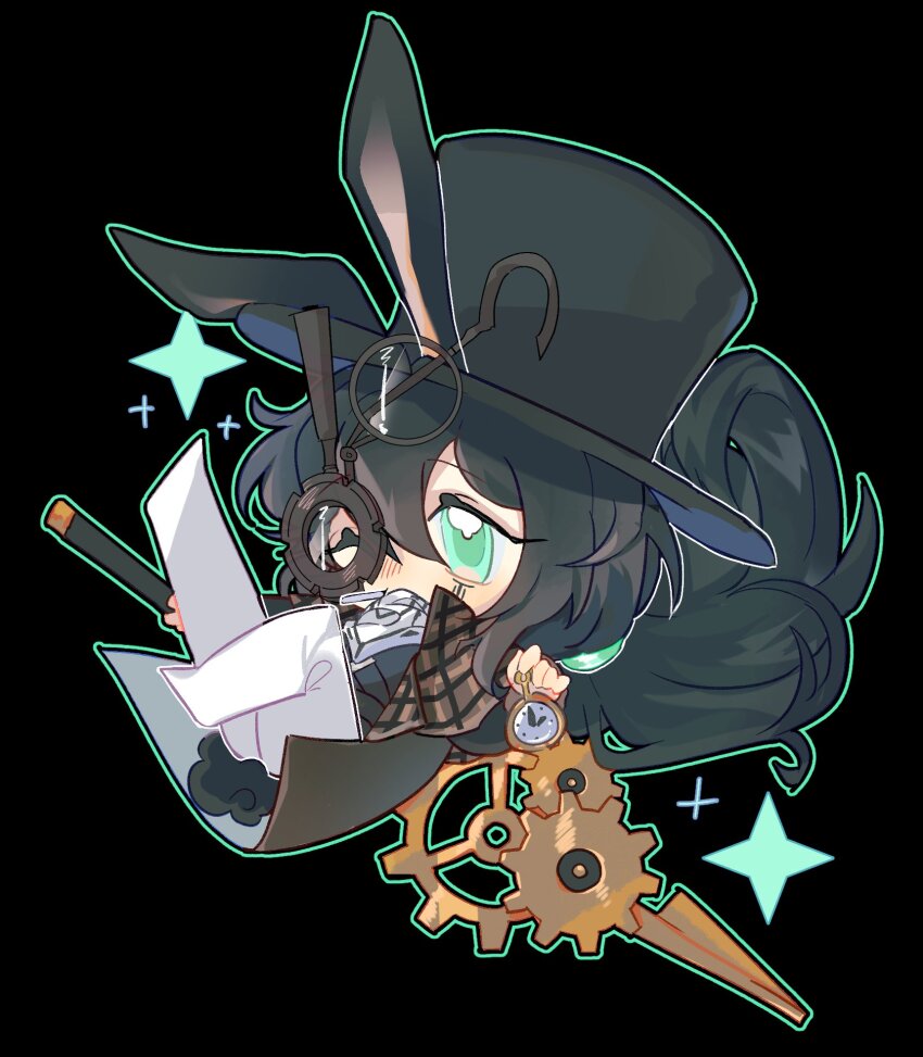 1boy animal_ears bandana black_background black_hair black_hat blue_eyes brown_capelet brown_coat capelet coat full_body gears hat highres hong_lu_(project_moon) limbus_company long_hair looking_at_viewer low_ponytail male_focus monocle one_eye_closed pants plaid_capelet plaid_clothes ponytail project_moon rabbit_boy rabbit_ears rabbit_tail simple_background solo standing star_(symbol) steampunk tail top_hat very_long_hair white_bandana white_pants yixixiy yurodiviye_(identity)_(project_moon)