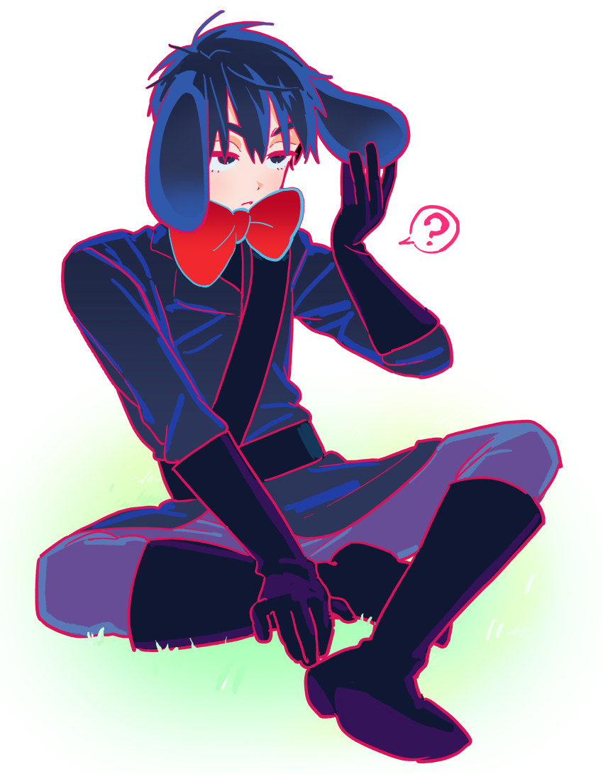 1boy ? absurdres alien_stage animal_ears black_coat black_eyes black_hair boots bow bowtie brown_boots closed_mouth coat commentary fang hand_on_own_ear hashtag-only_commentary highres ivan_(alien_stage) long_sleeves male_focus official_art rabbit_ears red_bow red_bowtie second-party_source short_hair sitting solo spoken_question_mark very_short_hair vivinos