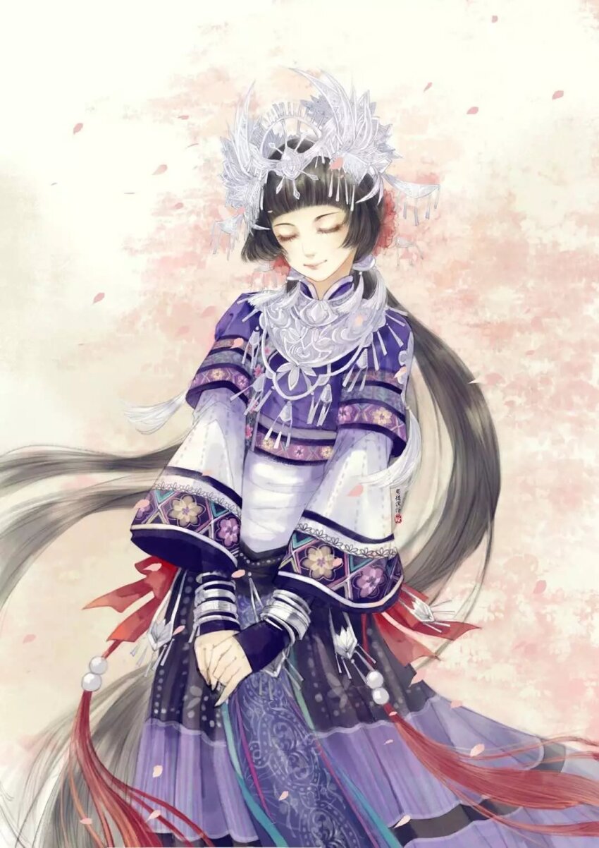 1girl absurdly_long_hair black_hair blue_capelet blunt_bangs bow capelet character_request chinese_commentary closed_eyes closed_mouth commentary_request crown feet_out_of_frame floral_print hand_on_hand hands_on_lap highres lips long_hair long_skirt long_sleeves low_twintails miracle_nikki nikki_(series) own_hands_together petals pink_background pink_lips pleated_skirt purple_skirt red_bow shirt si_tu_ming_ling skirt smile solo standing tassel twintails two-tone_background very_long_hair waist_bow white_crown white_shirt wide_sleeves yellow_background