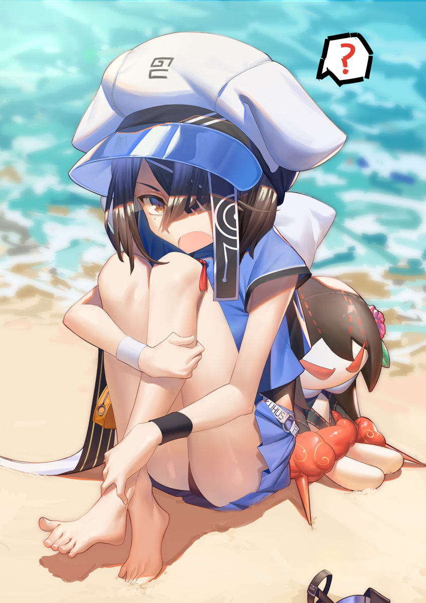 1girl ? absurdres bare_legs barefoot beach black_hair brown_eyes character_doll doll fate/grand_order fate_(series) hair_over_one_eye hat highres hugging_own_leg mole mole_under_eye open_mouth sand shiki_zzy short_hair sitting solo swimsuit thighs toes water xu_fu_(fate) xu_fu_(swimsuit_avenger)_(first_ascension)_(fate) yu_mei-ren_(fate)