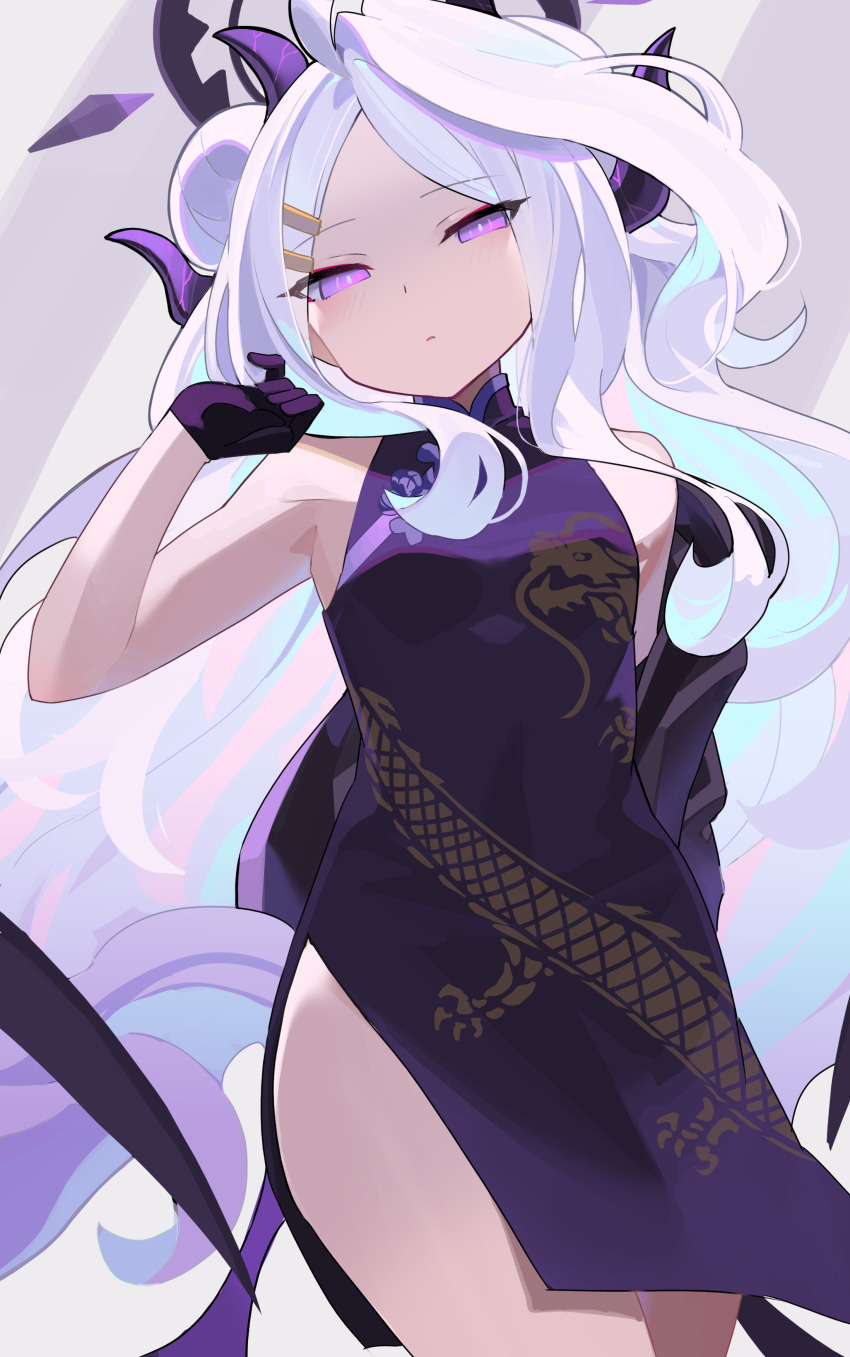 1girl absurdres black_hair black_halo blue_archive breasts china_dress chinese_clothes closed_mouth commentary cosplay dragon_print dress falken_(yutozin) halo highres hina_(blue_archive) kisaki_(blue_archive) kisaki_(blue_archive)_(cosplay) long_hair looking_at_viewer purple_eyes sleeveless sleeveless_dress small_breasts solo white_hair