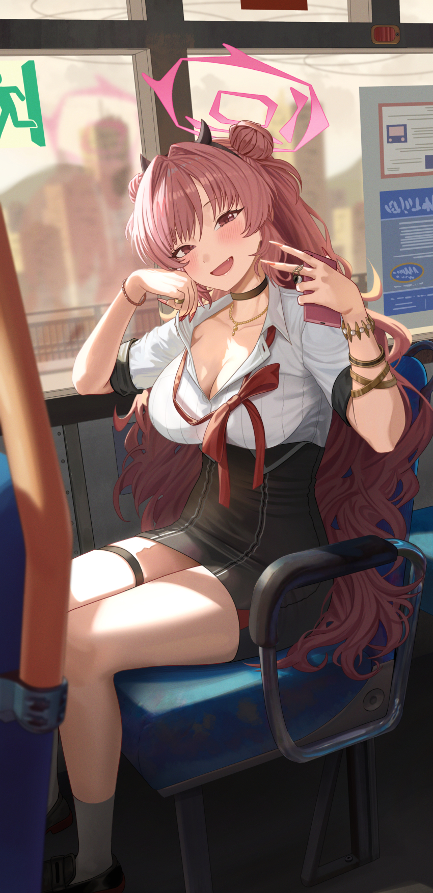 1girl absurdres black_choker black_hair black_horns black_shoes black_skirt blue_archive blush bracelet breasts building bus bus_interior choker cleavage collarbone commentary fake_horns fingernails halo highres horn_hairband horns jewelry kirara_(blue_archive) large_breasts long_fingernails long_hair looking_at_viewer loose_neck_ribbon motor_vehicle nail_polish neck_ribbon necklace open_mouth pencil_skirt pink_eyes pink_hair pink_halo pink_nails red_ribbon ribbon shirt shoes silvertsuki sitting skirt smile socks solo thigh_strap thighs v white_shirt white_socks