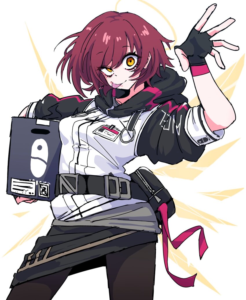1girl angel arknights arm_up belt black_belt black_gloves black_pantyhose black_skirt box breasts claw_pose closed_mouth dr_yamero exusiai_(arknights) fingerless_gloves floating_hair gloves halo highres holding holding_box hood hooded_jacket jacket long_sleeves looking_at_viewer makeup mascara miniskirt pantyhose pose_request red_hair short_hair skirt sleeves_rolled_up small_breasts smile tongue tongue_out uneven_eyes white_jacket yellow_eyes yellow_halo