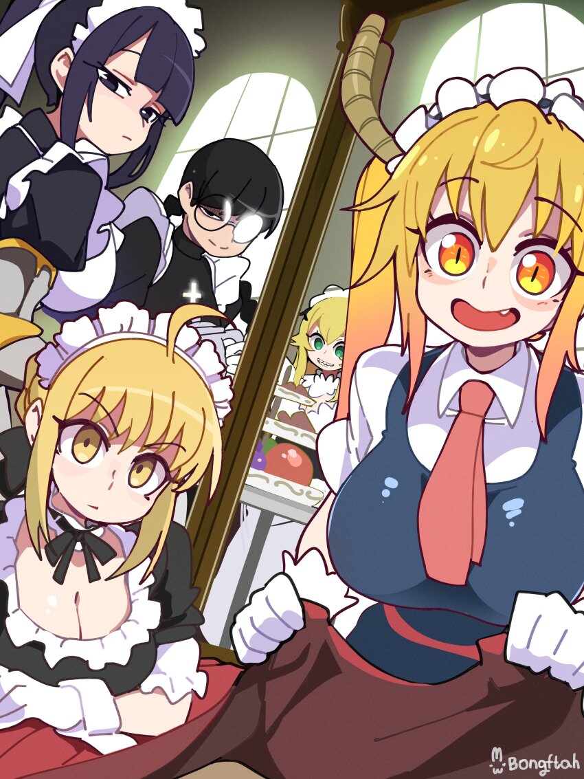 5girls absurdres ahoge artist_name artoria_pendragon_(fate) black_eyes black_hair black_lagoon blonde_hair blush bongfill breasts brown_eyes carnival_phantasm cleavage closed_mouth collared_shirt crossover dragon_girl dragon_horns fang fate/stay_night fate_(series) frederica_baumann glasses gloves gradient_hair green_eyes highres horns indoors kobayashi-san_chi_no_maidragon large_breasts long_hair looking_at_viewer maid maid_headdress multicolored_hair multiple_girls narberal_gamma necktie open_mouth orange_eyes orange_hair overlord_(maruyama) puffy_short_sleeves puffy_sleeves re:zero_kara_hajimeru_isekai_seikatsu red_necktie roberta_(black_lagoon) round_eyewear saber_alter sharp_teeth shirt short_hair short_sleeves slit_pupils smile teeth tohru_(maidragon) twintails white_gloves