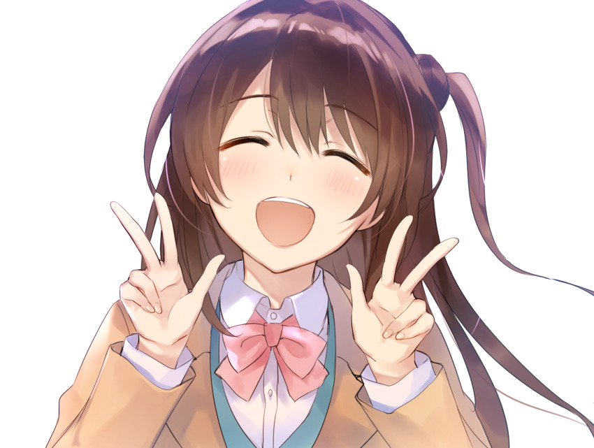 1girl blush bow bowtie brown_hair closed_eyes collared_shirt commentary_request double_v e_(eokiba) facing_viewer idolmaster idolmaster_cinderella_girls long_hair one_side_up open_mouth school_uniform shimamura_uzuki shirt simple_background smile solo upper_body v white_background