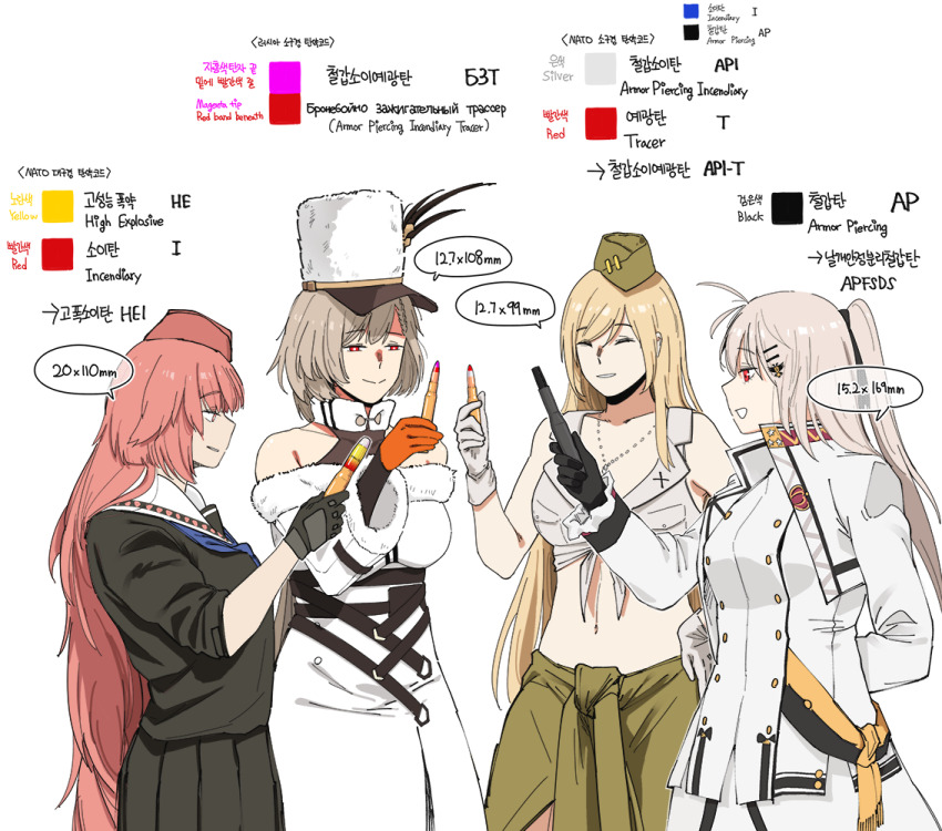 4girls arm_behind_back bare_shoulders black_shirt black_skirt blonde_hair bright_pupils brown_hair bullet character_request coat cropped_jacket dress girls&#039;_frontline hair_ornament hairpin hand_on_own_hip hat hat_feather holding holding_bullet huqu iws_2000_(girls&#039;_frontline) jewelry kord_(girls&#039;_frontline) long_hair m2hb_(girls&#039;_frontline) medium_hair military_uniform multiple_girls necklace ntw-20_(girls&#039;_frontline) open_mouth parted_lips red_eyes red_hair shirt skirt smile very_long_hair white_coat white_dress white_pupils