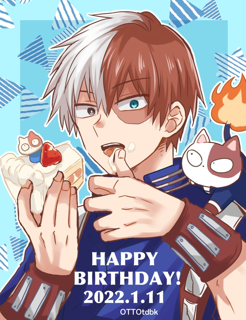 1boy alternate_form blue_eyes boku_no_hero_academia burn_scar cake cake_decoration character_name costume dated dual_persona english_text food food_on_face fruit gauntlets hair_between_eyes happy_birthday heterochromia highres holding holding_food licking licking_finger long_bangs looking_at_viewer male_focus multicolored_hair open_mouth ottotdbk patterned_background red_hair scar scar_on_face short_hair smile solo split-color_hair strawberry text_focus todoroki_shouto tongue tongue_out twitter_username two-tone_hair white_hair