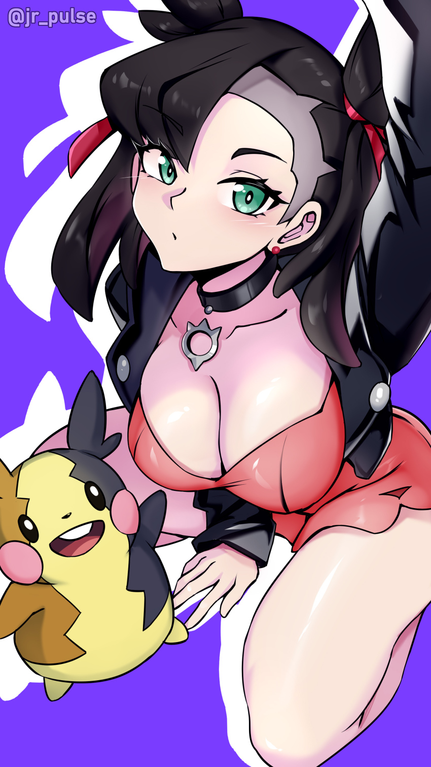 1girl absurdres alternate_breast_size arm_up asymmetrical_bangs black_choker black_hair black_jacket breasts choker dress earrings gen_8_pokemon green_eyes hair_ribbon highres jacket jewelry jrpulse kneeling large_breasts looking_at_viewer marnie_(pokemon) morpeko morpeko_(full) nintendo open_clothes open_jacket parted_lips pink_dress pokemon pokemon_(creature) pokemon_swsh purple_background ribbon simple_background stud_earrings thighs twintails undercut