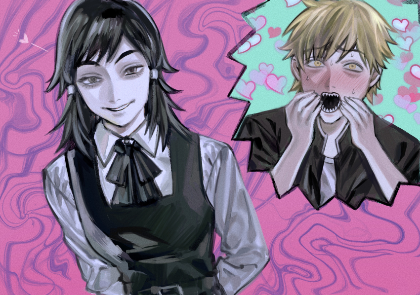 1boy 1girl absurdres black_hair blonde_hair chainsaw_man commentary denji_(chainsaw_man) dress fourth_east_high_school_uniform heart highres low-tied_sidelocks mifune_fumiko pinafore_dress rikainot school_uniform sharp_teeth short_hair sidelocks sleeveless sleeveless_dress sweat teeth