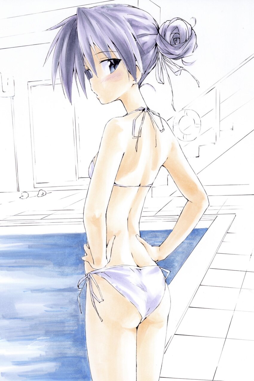 1girl alternate_hairstyle ass back bikini blue_eyes blush breasts butt_crack expressionless flat_ass from_behind hair_bun halterneck hands_on_own_hips highres hiiragi_kagami jitome looking_at_viewer looking_back lucky_star pool poolside profile purple_hair shiki_59 short_hair shoulder_blades side-tie_bikini_bottom small_breasts solo standing string_bikini swimsuit white_bikini