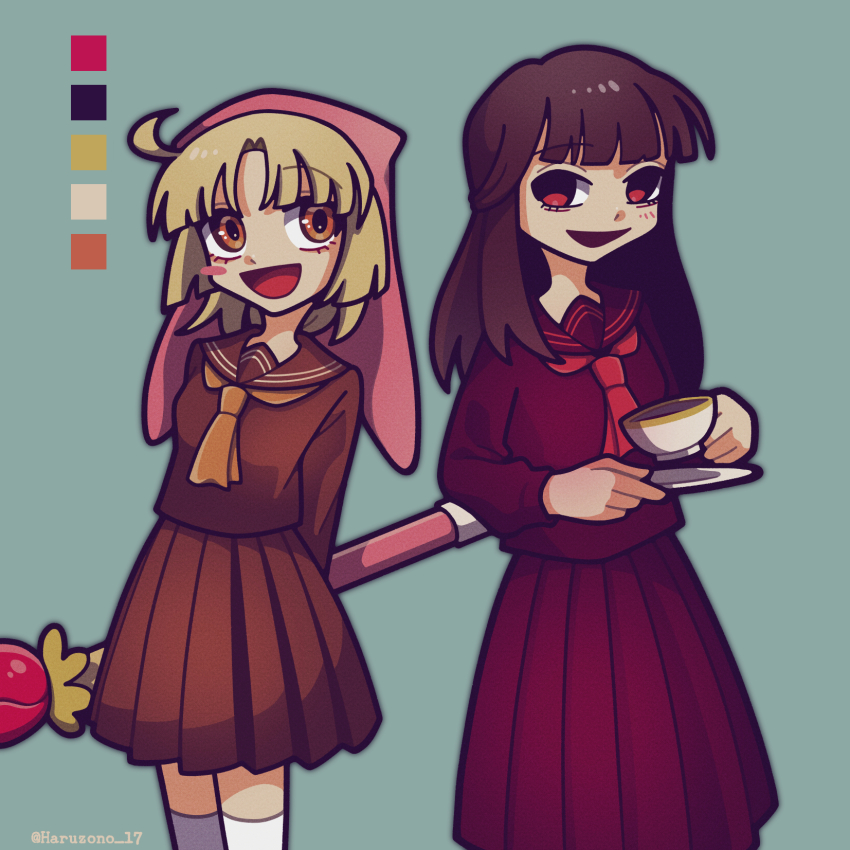 2girls blonde_hair blue_background brown_eyes brown_hair brown_serafuku character_request commentary_request cowboy_shot cup haruzono_(haruzono_17) hat highres holding holding_cup long_hair looking_at_viewer multiple_girls randal&#039;s_friends red_serafuku school_uniform serafuku short_hair simple_background skirt teacup