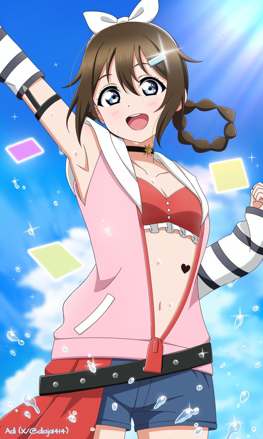 1girl arm_up armpits artist_name bikini bikini_top_only blue_eyes blue_shorts blue_sky braid braided_hair_rings breasts brown_hair cleavage clenched_hand commentary_request cowboy_shot diaja1414 frilled_bikini frills hair_ornament hair_rings hairclip heart heart_tattoo highres jacket love_live! love_live!_nijigasaki_high_school_idol_club love_live!_nijigasaki_high_school_idol_club_the_movie_-_finale medium_breasts medium_hair navel official_alternate_costume osaka_shizuku pink_jacket red_bikini rise_up_high!_(love_live!) short_shorts shorts sky sleeveless sleeveless_jacket solo stomach striped_arm_warmers swimsuit tattoo twitter_username white_arm_warmers