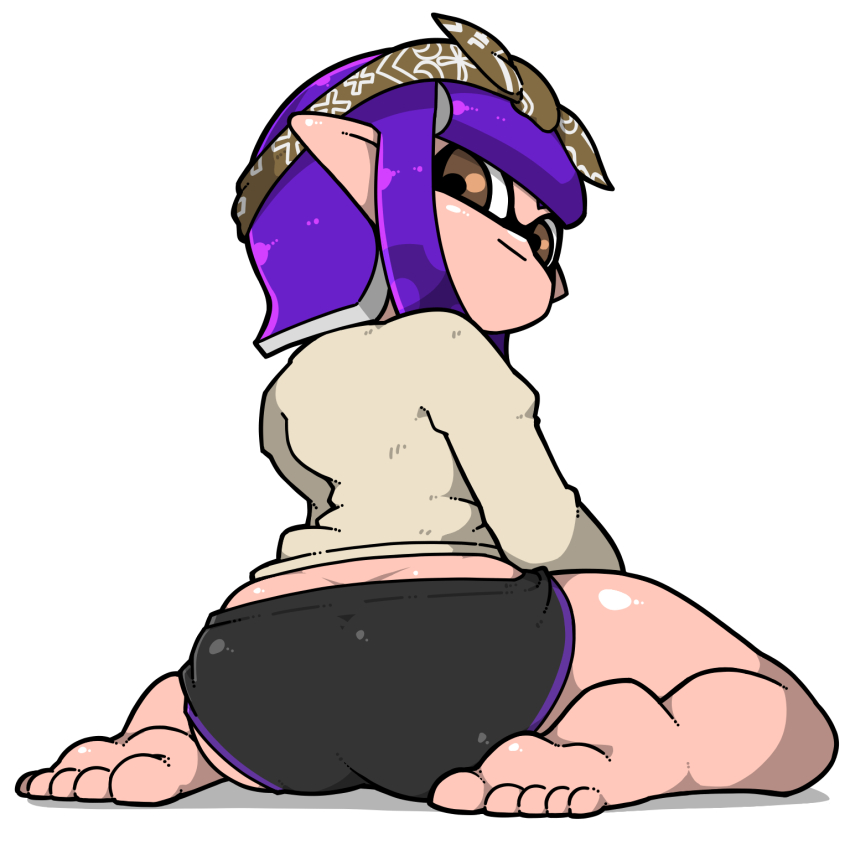 1girl bandana bare_legs barefoot black_shorts brown_bandana brown_eyes closed_mouth from_behind full_body highres inkling inkling_girl inkling_player_character looking_back name_omoitukan2 nintendo pointy_ears purple_hair shadow short_hair shorts simple_background sitting solo splatoon_(series) tentacle_hair wariza white_background