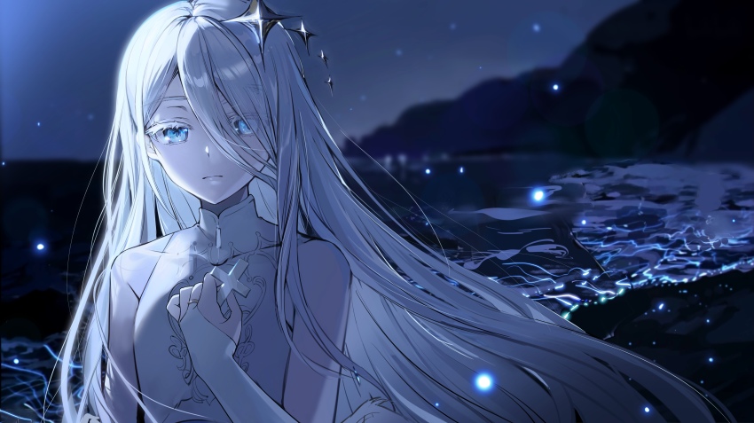 1girl absurdres beach bloom_festival_(project_sekai) blue_eyes collarbone colored_eyelashes commentary cross dress eamut1 elbow_gloves expressionless gloves hair_ornament high_collar highres holding holding_cross jewelry light_particles long_hair mountainous_horizon night night_sky ocean official_alternate_costume official_alternate_hair_length official_alternate_hairstyle project_sekai ring sky sleeveless sleeveless_dress solo star_(symbol) star_hair_ornament swept_bangs upper_body very_long_hair water waving white_eyelashes white_hair yoisaki_kanade