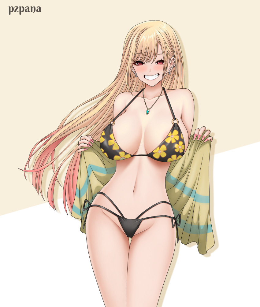 1girl absurdres alternate_breast_size artist_name barbell_piercing bikini bikini_under_clothes black_bikini blonde_hair breasts breasts_apart collarbone commentary ear_piercing earrings english_commentary floral_print gradient_hair grey_background grin highres hoop_earrings jewelry kitagawa_marin large_breasts long_hair multicolored_hair navel necklace open_clothes open_shirt piercing print_bikini pzpana red_eyes revision smile solo sono_bisque_doll_wa_koi_wo_suru string_bikini swimsuit thigh_gap two-tone_background white_background