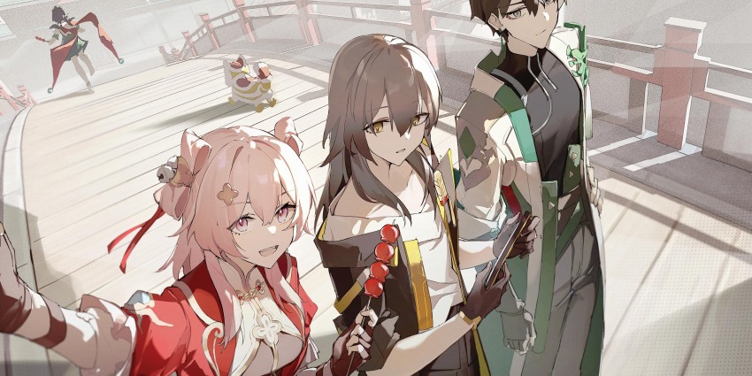 1boy 3girls absurdres barefoot black_gloves black_hair black_jacket black_shirt breasts bridge chinese_commentary closed_mouth collarbone commentary_request dan_heng_(honkai:_star_rail) dan_heng_(hunt)_(honkai:_star_rail) diting_(honkai:_star_rail) dress food gloves green_dress grey_hair grey_pants hair_between_eyes hair_ornament highres holding holding_food honkai:_star_rail honkai_(series) jacket long_hair looking_at_viewer march_7th_(honkai:_star_rail) march_7th_(hunt)_(honkai:_star_rail) medium_breasts medium_hair multicolored_eyes multiple_girls official_alternate_costume official_alternate_hairstyle outdoors pants qizhongji shirt short_hair shuangyaji small_breasts stelle_(honkai:_star_rail) tanghulu trailblazer_(honkai:_star_rail) two-tone_eyes wooden_floor yellow_eyes yunli_(honkai:_star_rail)