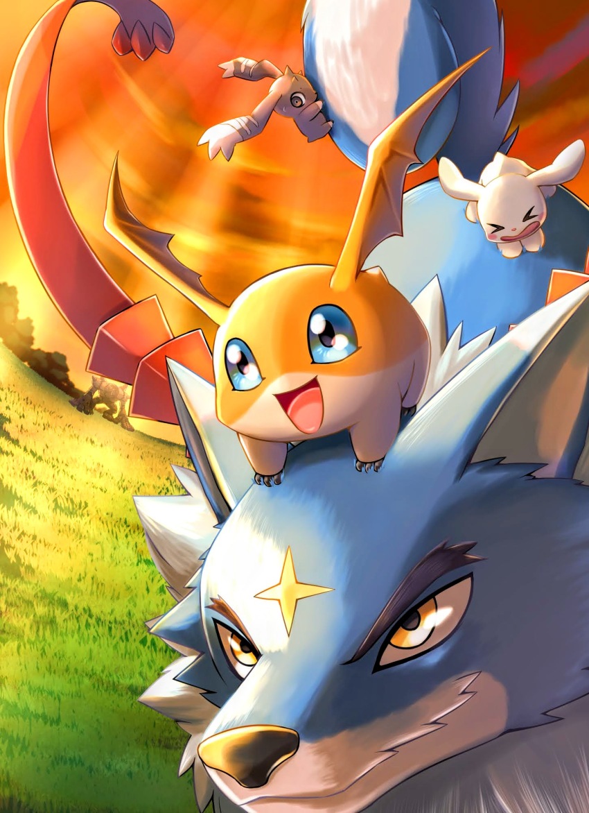 &gt;_&lt; :d blue_eyes blush_stickers character_request check_character clinging closed_eyes closed_mouth commentary_request cross_scar digimon digimon_(creature) evening gaogamon golemon grass happy highres lopmon motion_blur no_humans open_mouth orange_sky outdoors patamon plotmon running scar scar_on_face scar_on_forehead scared sky smile sweat watagashikn yellow_eyes
