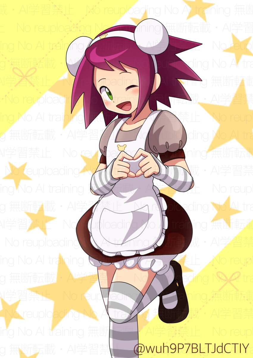 1girl ;d apron black_shoes green_eyes heart heart_hands highres horizontal-striped_thighhighs leg_up looking_at_viewer maid maid_apron mega_man_(series) mega_man_star_force_(series) one_eye_closed open_mouth pink_hair shoes smile solo sonia_strumm_(mega_man) star_(symbol) twitter_username wuh9p7bltjdctiy