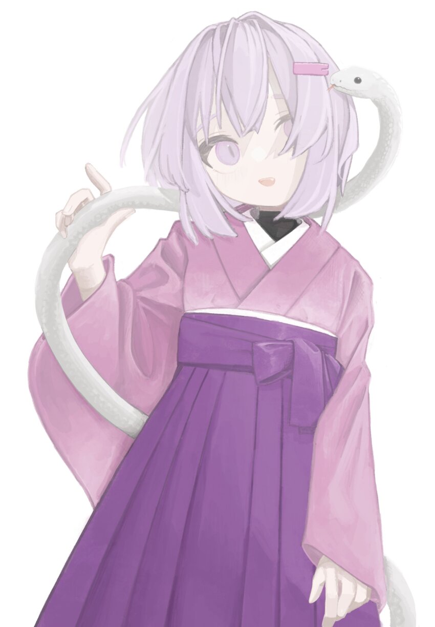 1girl a.i._voice alternate_costume arm_at_side black_undershirt chinese_zodiac commentary_request fang hair_ornament hair_over_one_eye hairclip hakama highres index_finger_raised japanese_clothes kimono light_blush long_sleeves looking_at_viewer open_mouth pink_kimono purple_eyes purple_hair purple_hakama shirt short_hair simple_background slit_pupils smile snake snake_on_shoulder solo standing t_h_o_m turtleneck turtleneck_shirt voiceroid white_snake wide_sleeves year_of_the_snake yuzuki_yukari yuzuki_yukari_(shizuku)