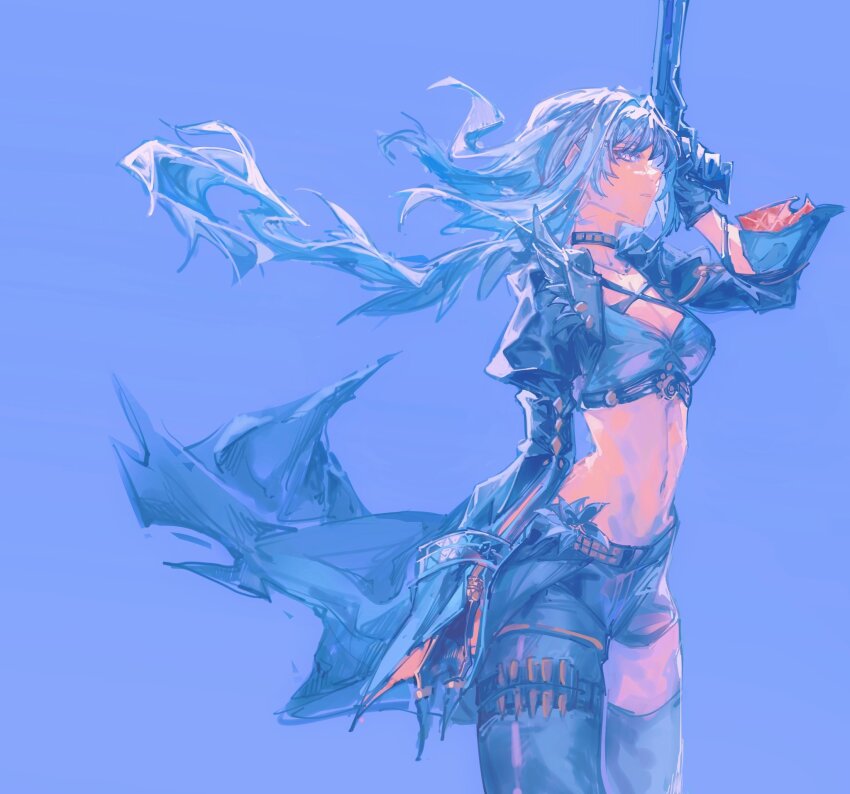 1girl asymmetrical_clothes black_choker black_gloves black_jacket black_pants black_thighhighs blue_background blue_bra bra breasts choker collarbone commentary criss-cross_straps cropped_jacket galbrena_(wuthering_waves) gloves grey_hair gun hachi_shoku_mare hand_up highres holding holding_gun holding_weapon jacket long_hair looking_at_viewer medium_breasts navel pants parted_lips purple_eyes single_pantsleg single_thighhigh solo stomach thighhighs underwear weapon wuthering_waves