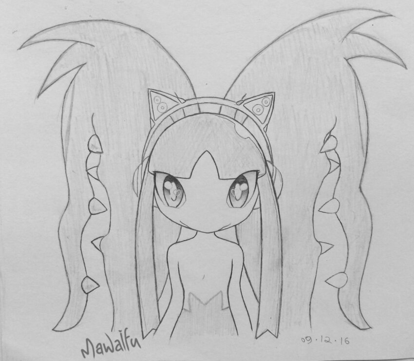 1girl animal_ear_headphones animal_ears arms_at_sides artist_name big_hair cat_ear_headphones closed_mouth cropped_torso dated extra_mouth fake_animal_ears female_focus flat_chest gen_3_pokemon greyscale headphones heart heart_in_eye long_hair looking_at_viewer mawaifu mawile mega_mawile mega_pokemon monochrome nintendo pokemon pokemon_(creature) sharp_teeth sidelocks signature simple_background solo straight-on symbol_in_eye teeth traditional_media upper_body very_long_hair white_background