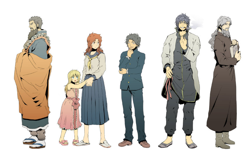00s 2girls 4boys airi_(hokuto_no_ken) amiba annotated beads beard bow contemporary facial_hair gakuran gesuidou_(hephaestus1214) highres hokuto_no_ken kasumi_kenshirou mamiya_(hokuto_no_ken) monk multiple_boys multiple_girls no_socks ougai prayer_beads rosary ryuken_(hokuto_no_ken) sandals school_uniform serafuku shita_no_naka souten_no_ken