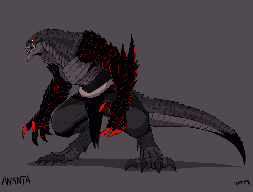 1boy absurdres alternate_form ananta_(wail_of_a_dragon&#039;s_rage) black_scales character_name claws digitigrade dragon_boy dragon_claw dragon_tail full_body gegegekman glowing glowing_eyes grey_background grey_scales highres lizardman monster_boy open_mouth pelvic_curtain red_eyes reptile_boy sharp_teeth signature spikes tail teeth topless_male tusks wail_of_a_dragon&#039;s_rage